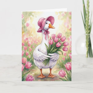 Cartão Ganso Branco de Aniversário Com Tulipas Rosa
