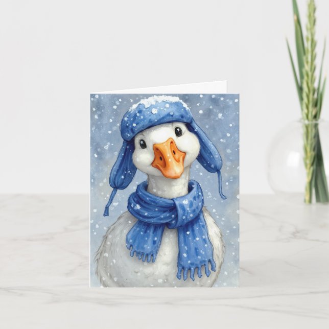 Cartão Ganso Branco de Inverno com Cachecol Azul (Frente)