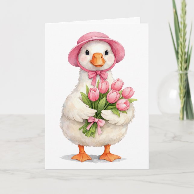 Cartão Ganso de Páscoa com Tulipas Rosa (Frente)