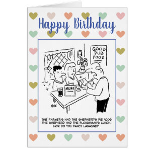 Cartão Garçom no Pub Pergunta se os clientes Rico Lasagn