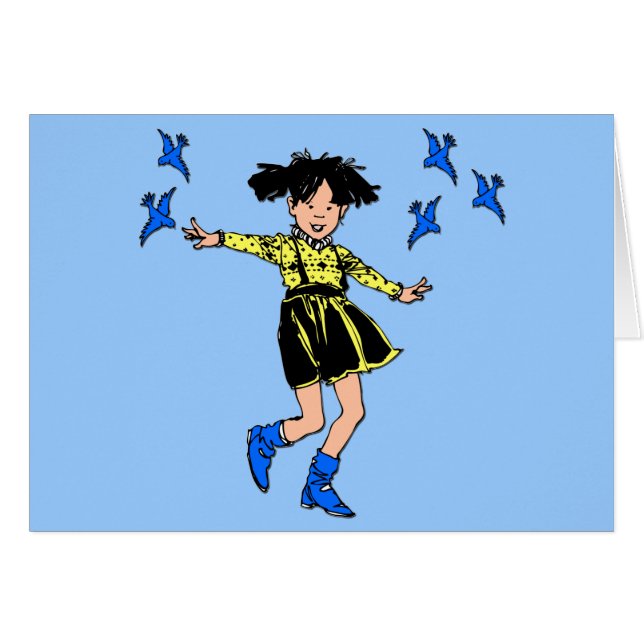 Cartão Garota alegre com pássaros azuis (Frente horizontal)