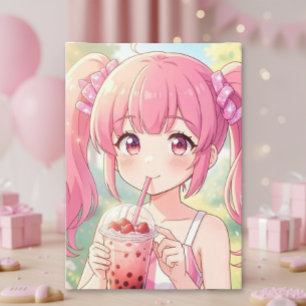 Cartão Garota Anime Fofa   Aniversário da Filha Colorir