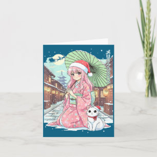 Cartão Garota Anime Kimono Natal Japão Gato Natal Japão A