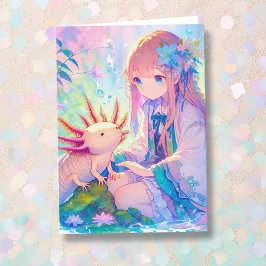 Cartão Garota Anime um Aniversário Personalizado Axolotl