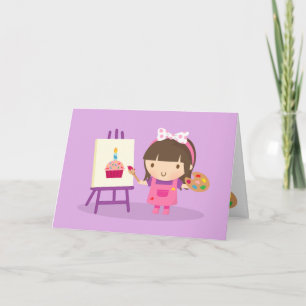 Cartão Garota Artista Fofa Pintando Feliz Aniversário
