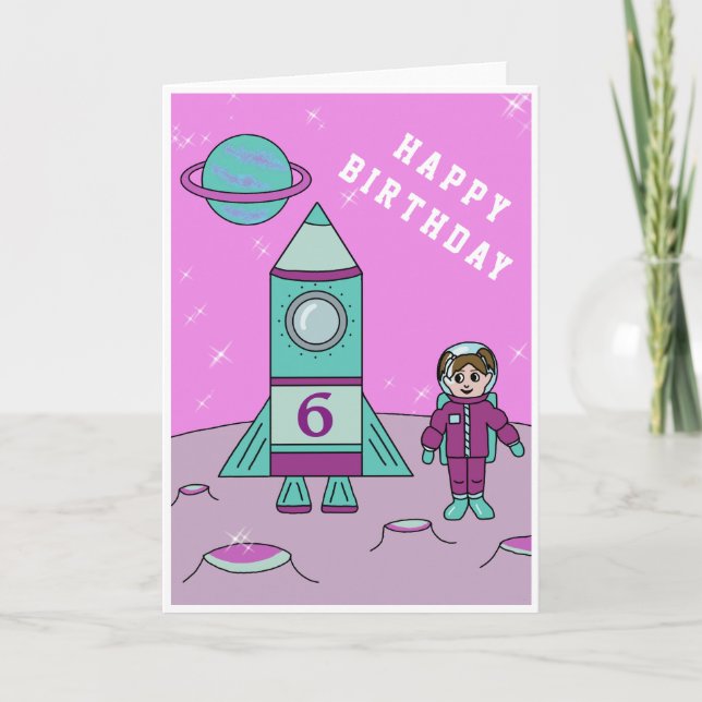 Cartão Garota Astronauta na Lua Espaço Feliz Aniversário (Frente)