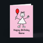 Cartão Garota bonita com desenho cor-de-rosa de balão ver<br><div class="desc">Um desenho bonito de uma garota de pau sorrindo e segurando um balão vermelho. A placa tem um plano de fundo rosa, mas é fácil editá-lo com uma cor diferente ou um branco mínimo agradável. Personalize facilmente este cartão editando o texto do modelo na frente e no dentro. Obrigados para...</div>
