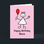 Cartão Garota bonita com desenho cor-de-rosa de balão ver<br><div class="desc">Um desenho bonito de uma garota de pau sorrindo e segurando um balão vermelho. A placa tem um plano de fundo rosa, mas é fácil editá-lo com uma cor diferente ou um branco mínimo agradável. Personalize facilmente este cartão editando o texto do modelo na frente e no dentro. Obrigados para...</div>