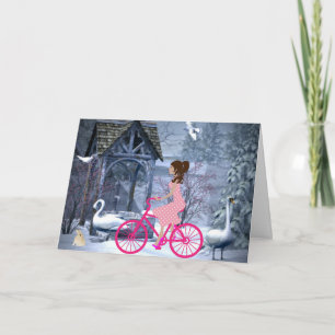 Cartão Garota Bonita Em Uma Bicicleta Rosa Inverno