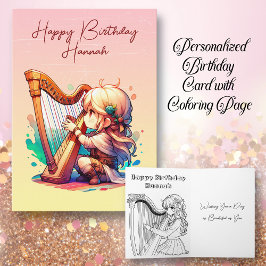 Cartão Garota Chibi Jogando Harp Personalizado Aniversári
