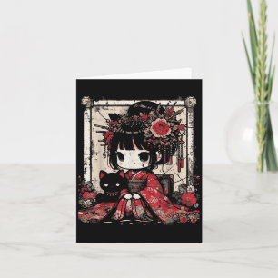 Cartão Garota Chibi Kimono Gato Preto Flores Arte Japones