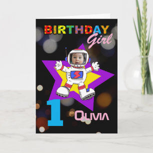 Cartão garota de 1º aniversário tema espacial astronauta 