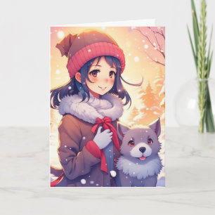 Cartão Garota de Anime e Cachorro com Fundo de Natal