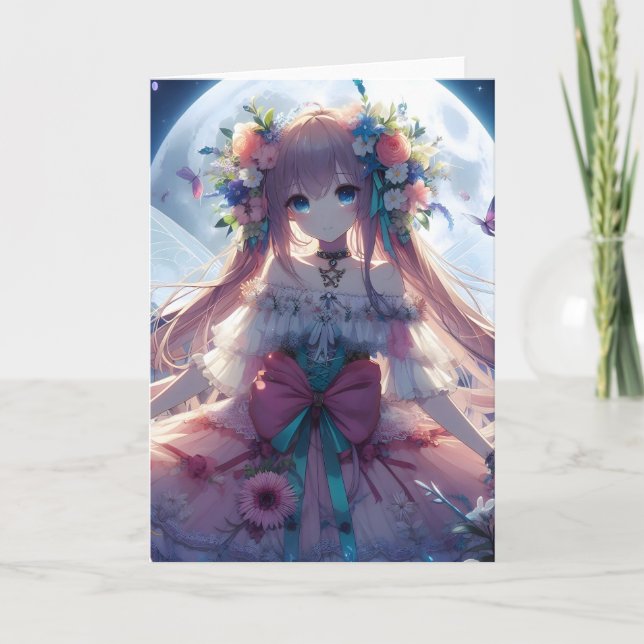 Cartão Garota de Anime Flor Lua Fada (Frente)