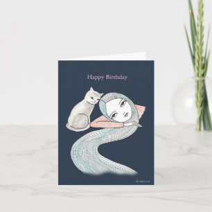 Cartão Garota de Cabelo Longo e um Gato de Testemunha de