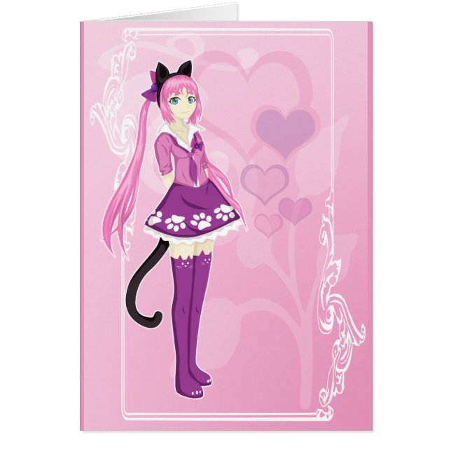Cartão Garota de Gato Rosa (Frente)
