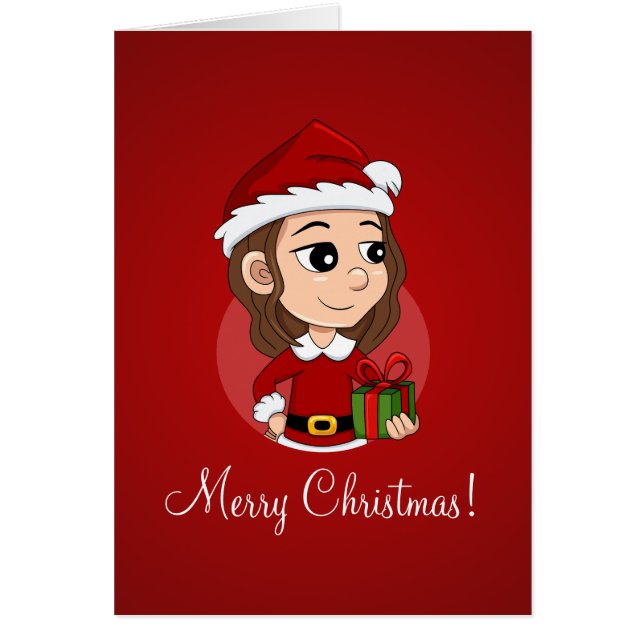Cartão Garota de Natal com cabelo ondulado castanho (Frente)