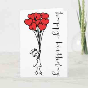 Cartão Garota e Balões do Coração Cartaz Feliz de Anivers