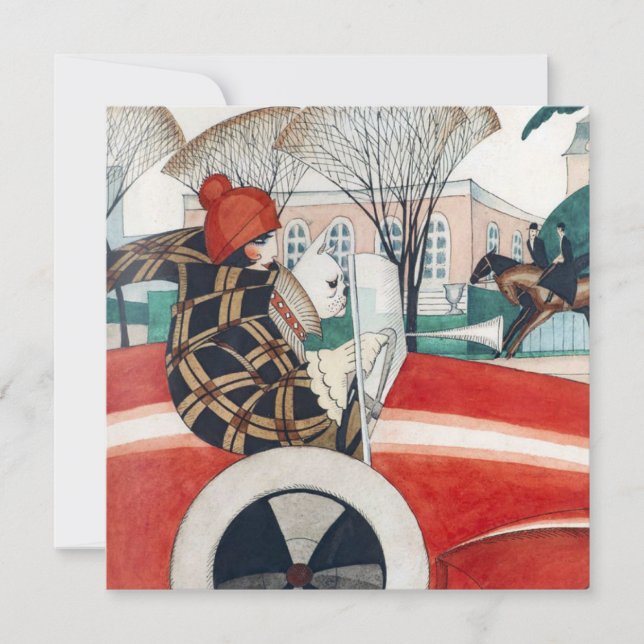 Cartão Garota e Cachorro num Automóvel Vermelho (Frente)