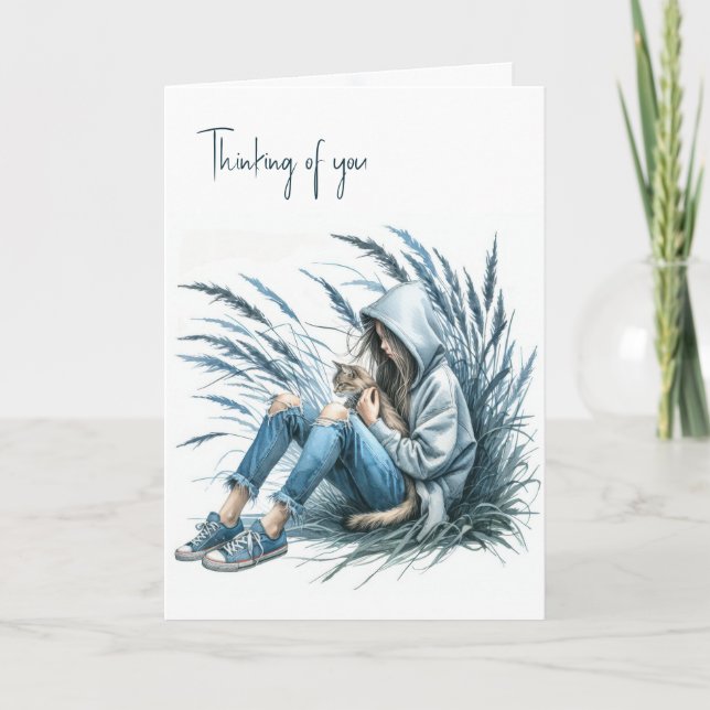 Cartão Garota em um capuz segurando um gato de estimação (Frente)