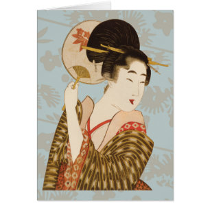 Cartão Garota Geisha Japonesa Vintage em Kimono com venti