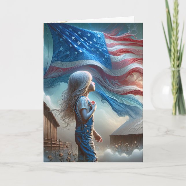 Cartão Garota Jovem No Campo De Algodão Com Bandeira (Frente)