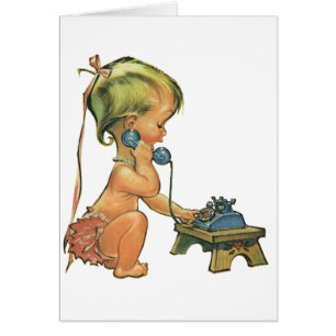 Cartão Garota Loura-Justa Vintage falando no Toy Phone