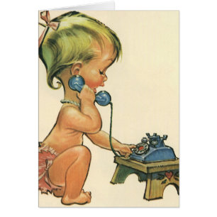 Cartão Garota Loura-Justa Vintage falando no Toy Phone