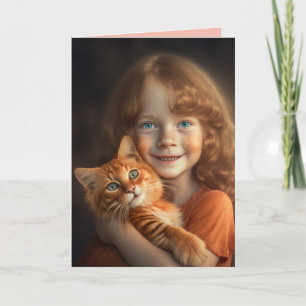 CARTÃO GAROTA PEQUENA E GINGER GATO NO ANIVERSÁRIO GREETI