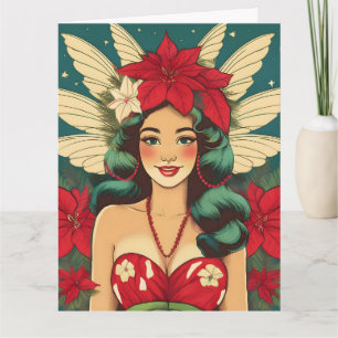 Cartão Garota Pin-Up de Natal Tropical dos Anos 50 Retrô