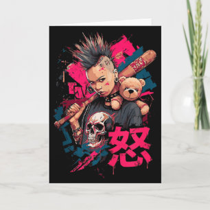 Cartão Garota Punk Com Kanji De Raiva E Camiseta De Ténis