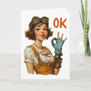 Cartão Garota Steampunk Gesto OK Confiante