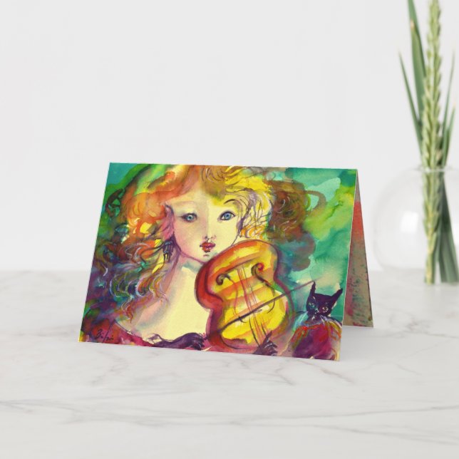 Cartão GAROTA VIOLINISTA, VIOLINA E Dia de os pais DE GAT (Frente)