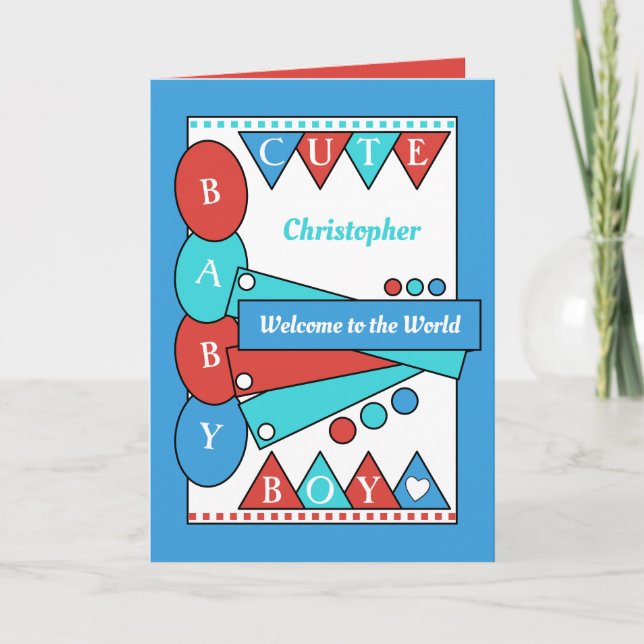 Cartão Garotinho giro bem vindo ao mundo azul verde (Frente)