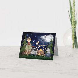 Cartão Garoto de escoteiro acampado com Raccoon e Ogambm