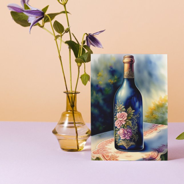 Cartão Garrafa Floral de Vinho Ainda Vida Arte Digital (Criador carregado)