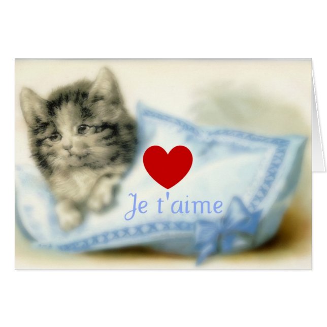 Cartão Gatinho bonito com travesseiro e amor (Frente horizontal)