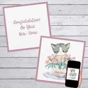 Cartão Gatinho Bonito Sentado Em Um Pote De Flores Nova C