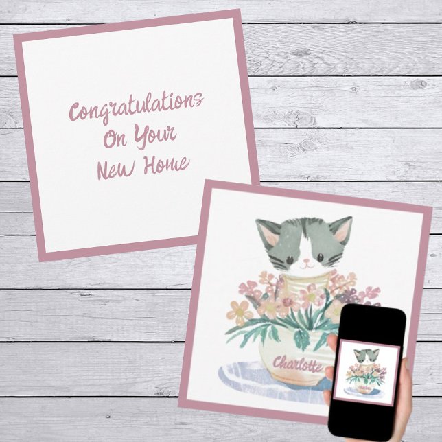 Cartão Gatinho Bonito Sentado Em Um Pote De Flores Nova C (Front And Back)