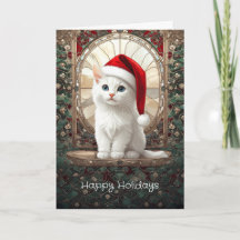 Gatinho Branco com Chapéu de Papai Noel Feriado