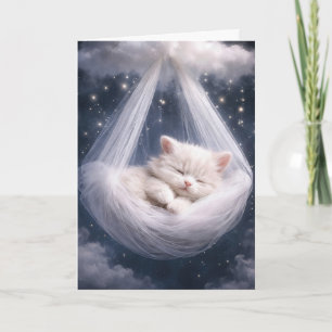 Cartão Gatinho Branco Pendurado na Rede de Tule e Nuvem