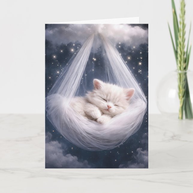 Cartão Gatinho Branco Pendurado na Rede de Tule e Nuvem (Frente)