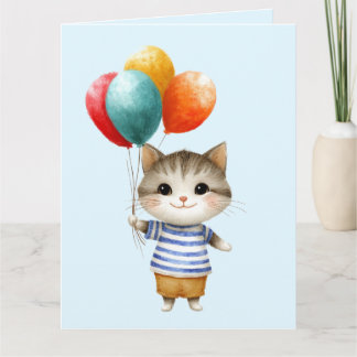 Cartão Gatinho com Balões de Aniversário | Celebração de 