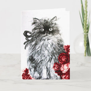 Cartão GATINHO COM ROSAS VERMELHAS, Preto e Branco