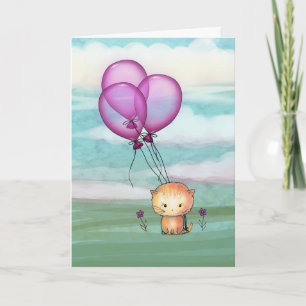 Cartão Gatinho de Aniversário com Balões Roxos