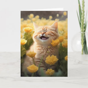 Cartão Gatinho De Aniversário Rindo Em Flores