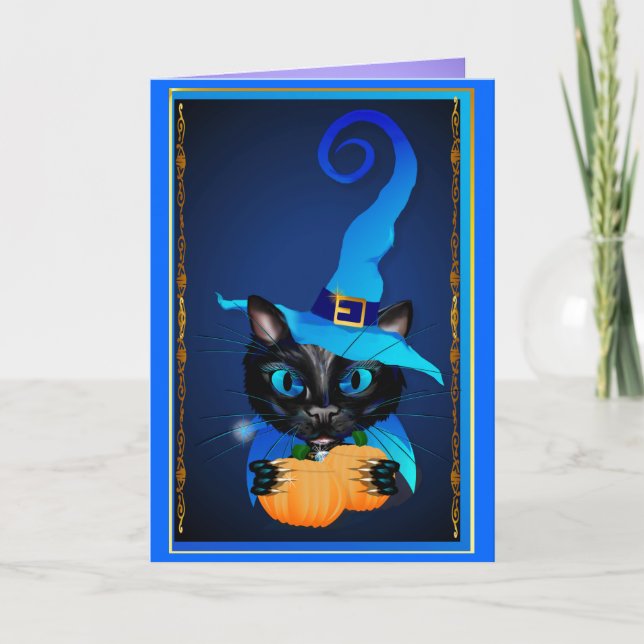 Cartão Gatinho de Bruxa Azul (Frente)
