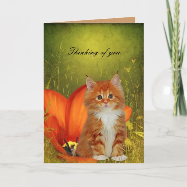 Cartão Gatinho de Gato Branco Flores "Pensando em  (Frente)