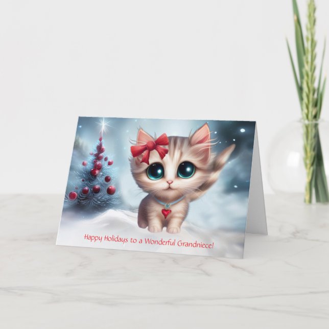 Cartão Gatinho de Natal da Neve com Férias de Arco (Frente)