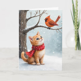 Cartão Gatinho de natal Ginger assistindo um cardeal